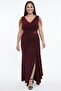 Women's V-Neck Lined Beaded Detailed Glittery Plus Size Dress - 2