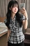 Vintage Black Plaid Ruffle Detailed Short Sleeve Shirt
