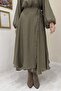Wavy Chiffon Fabric Khaki Green Balloon Sleeve Set - 3