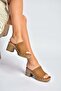 Y996594002 Tan Suede Thick Heeled Women's Slippers - 2