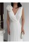 White Chiffon V-Neck Long Evening Dress with Floral Detail on the Shoulder - 4