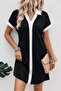 Women's Short Sleeve V-Neck Short Janjan Crepe Dress with Stripe Detail on the Front