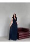 Navy Blue Chiffon V-Neck Long Evening Dress with Floral Detail on the Shoulder - 2