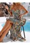 Women's Long Patterned Single Jersey Dress with Rope Straps and Cross Cut Detail on the Back - 2