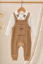 Baby Boy Waffle Salopet + Tshirt 2-Piece Set Teddy Bear Embroidered Collared Tshirt + Overalls 0-3-6-9-12 Months - 2