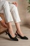 Women's Black Suede Metal Toe Detail 3 Centimeter Heel - 5