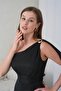 Women's Black One-Shoulder Buckle Drape Detailed Sparkling Tulle Fabric Evening Dress Nbs9388 - 4