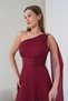 Women's Burgundy One-Shoulder Buckle Drape Detailed Sparkling Tulle Fabric Evening Dress Nbs9388