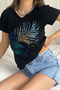 Women's Black V-Neck Palm Leaf Sequin Embroidered 100% Cotton T-Shirt