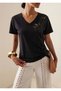 Women's Black V-Neck Cut-Out Floral Embroidered and Beaded Cotton T-Shirt - 3