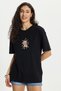 Women's Oversize Wide Cut 100% Cotton Crew Neck Printed Black T-Shirt Blouse
