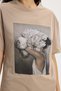 Women's Oversize Wide Cut 100% Cotton Crew Neck Short Sleeve Printed Beige T-Shirt Blouse - 4