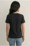 Women's Black V-Neck Leaf Patterned and Three-Dimensional Flower Embroidered Cotton T-Shirt - 3
