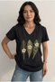 Women's Black V-Neck Leaf Patterned and Three-Dimensional Flower Embroidered Cotton T-Shirt