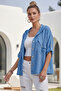 Blue Hooded Buttoned 3/4 Sleeve Casual Linen-Look Woven Jacket with Pockets 70 58