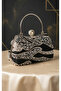 Black Silver Detailed Evening Dress Bag – Stylish Design with Stones, Chain Strap, 14X23 cm