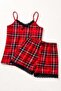 Women's Red Plaid Rope Strap Shorts Pajama Set with Lace Detail - 4