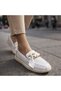 White Leather Ballerina Shoes with Chain Detail, Comfortable Sole, Lightweight and Stylish Daily Sports Women's Shoes - 2