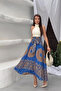 Women's Summer Blue High Waist Stylish Ethnic Patterned Asymmetrical Cut Midi Skirt with Tie Detail - 4