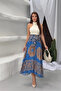 Women's Summer Blue High Waist Stylish Ethnic Patterned Asymmetrical Cut Midi Skirt with Tie Detail