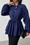 Women's Navy Blue High Collar Lace-Up Waist Belted Ruffle Detailed Loose Summer Blouse - 3