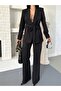Women's Belted Blazer Jacket and Trousers Set Black - 4