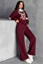 Women's Burgundy Polo Neck Half Zipper Printed Palazzo Tracksuit Set - 4