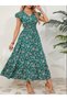 Women Short Sleeve Double Breasted Lapel Elastic Waist Floral Print Dress - 7