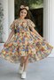 Lace-Up Ruffled Madonna Collar Moss Crepe Fabric Girls' Floral Dress (Buy One Size up for 1 Year Old)
