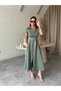 Buketli̇ Women's Parachute Fabric Detailed Belted Full Zipper Closure Polo Collar Short Sleeve Long Dress - 6