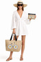 Daisy Printed Leather Handle Straw Fabric Printed Beach Bag and Makeup Bag Set of Two - 4