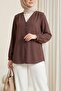 V-Neck Buttoned Long Back Shirt -Brown - 3