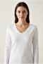 Women's White 100% Cotton V-Neck Long Sleeve Basic T-Shirt Regular Fit