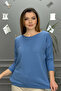 Women Light Blue Boat Neck Stretch Fabric 100% Cotton Yarn Thin Knitwear Blouse - 3