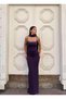 Scuba Stretch Fabric Stone Embroidered Scarf Detail Fish Cut Evening Dress 583340 Purple