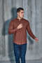 Brown Judge Collar Lycra Linen Cotton Slim Fit Shirt - 2