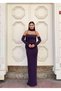 Scuba Stretch Fabric Stone Embroidered Scarf Detail Fish Cut Evening Dress 583340 Purple - 3