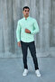 Mint Green Hakim Collar Lycra Linen Cotton Slim Fit Shirt