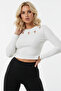 Women's long sleeve ribbed mini cropped blouse - ecru