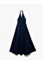 Double Breasted Collar Belt Detail Backless Flounced Long Denim Dress - 4