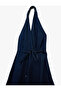 Double Breasted Collar Belt Detail Backless Flounced Long Denim Dress - 5
