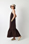 Women's Drawstring Collar Strap Long Dress Brown – Pocketed , Ruffled Design, Comfortable, Summer Lightweight Textured - 2