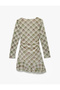 Long Sleeve Crew Neck Drape Detail Mini Plaid Dress - 4