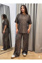 Women's Crew Neck Leopard Patterned Two-Thread Blouse and Trousers Two-Piece Set