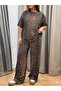 Women's Crew Neck Leopard Patterned Two-Thread Blouse and Trousers Two-Piece Set - 2
