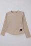 Girl's Long Sleeve T-Shirt with Heart Embroidery on Sleeves and Button Accessory Detail, Ages 9-14, Beige - 3
