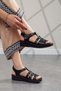 Black Genuine Leather Short Heeled Anatomical Ultra Comfortable Comfortable Sole Banded Women's Sandals - 3