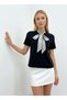 26017 100% Cotton Women's Crew Neck Scarf Detail Combed Cotton Blouse