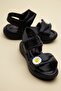 Şirinbebe Orthopedic Girls' Sandals Black Nylon Sole with Velcro and Daisy Accessories