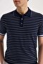 Navy Blue Slim Fit Striped Rayon Polo Collar T-Shirt - 3